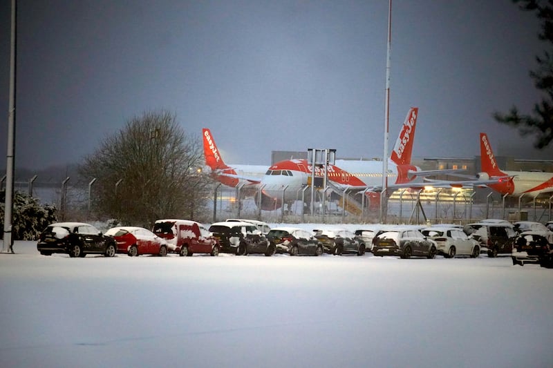 Liverpool John Lennon Airport where heavy overnight snow is causing disruption. Photograph: Peter Byrne/PA