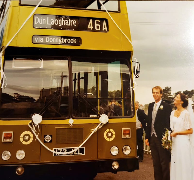 Denyse Woods on her wedding day in 1985 with her husband William as they prepare to board the 46A to take them to their wedding reception.