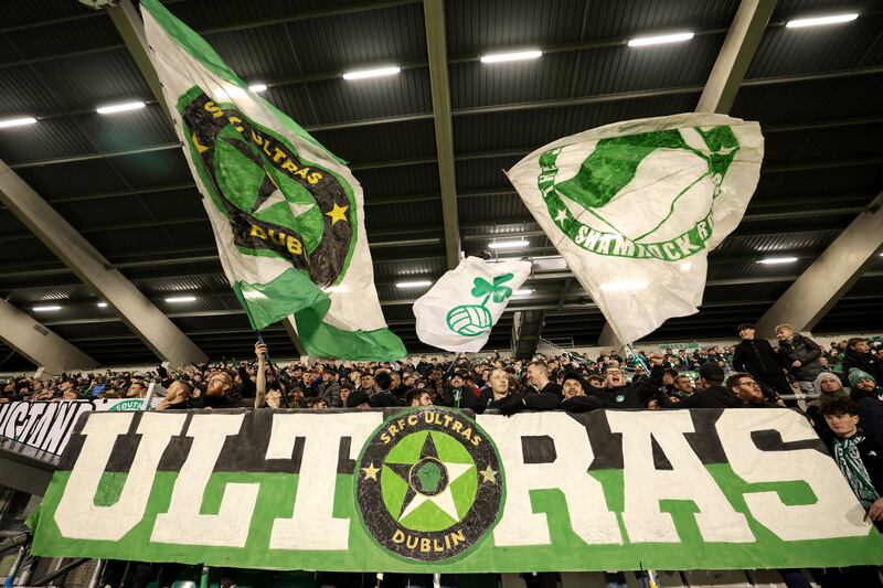 Shamrock Rovers fans celebrate after the victory over Bosnian side FK Borac at Tallaght Stadium which sealed the club's place in the playoff stages. Photograph: Laszlo Geczo/Inpho 