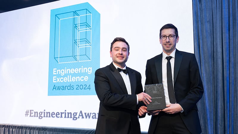 Ben Molloy, entries lead at BusinessRiver, presents the innovation in engineering award to Gerard Doyle, Cundall