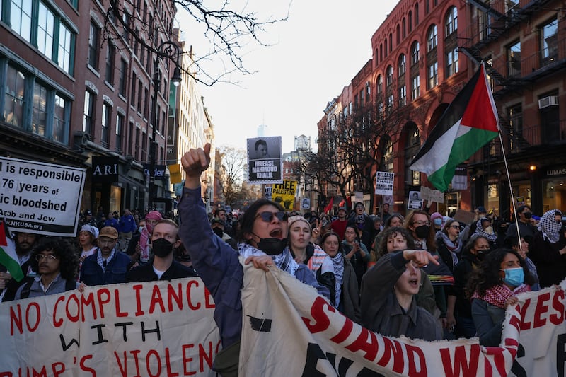 Protesters against the arrest of Mahmoud Khalil in Manhattan on Monday. Photograph: Caitlin Ochs/New York Times
                      