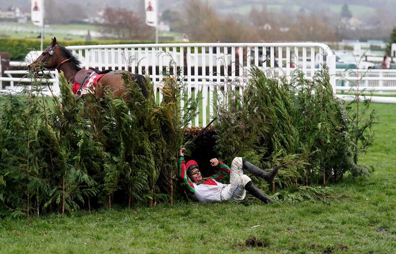 Jockey Ben Jones left stunned after falling from Francky Du Berlais during the Glenfarclas Chase on day two of the Cheltenham Festival at Cheltenham Racecourse last March. Photograph: Mike Egerton