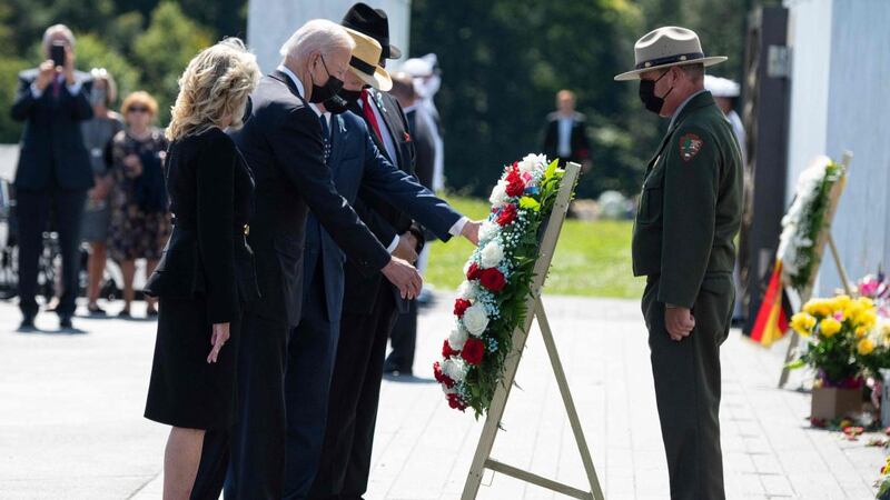 US president Joe Biden and first lady Jill Biden lay a wreath at the Flight 93 National Memorial  in Shanksville, Pennsylvania. Photograph:  Jim Watson/AFP/Getty