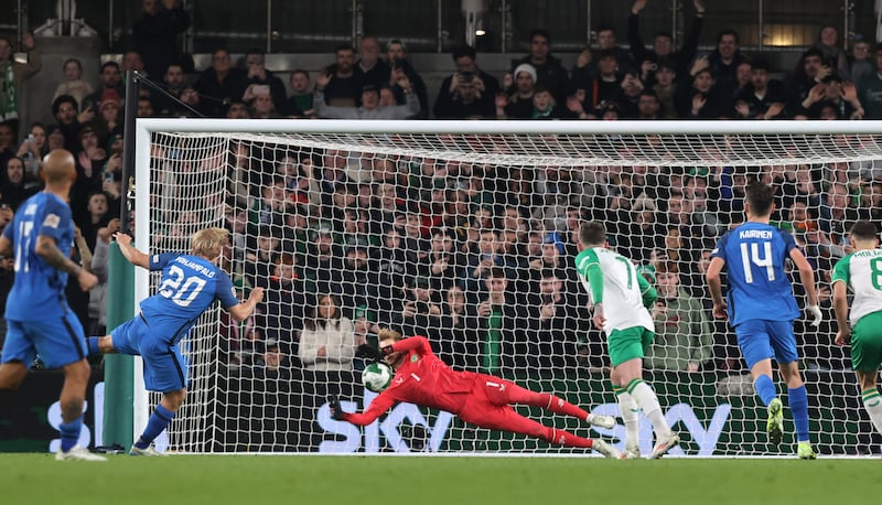 Ireland's Caoimhin Kelleher saves a penalty from Joel Pohjanpalo of Finland. Photograph: Bryan Keane/Inpho