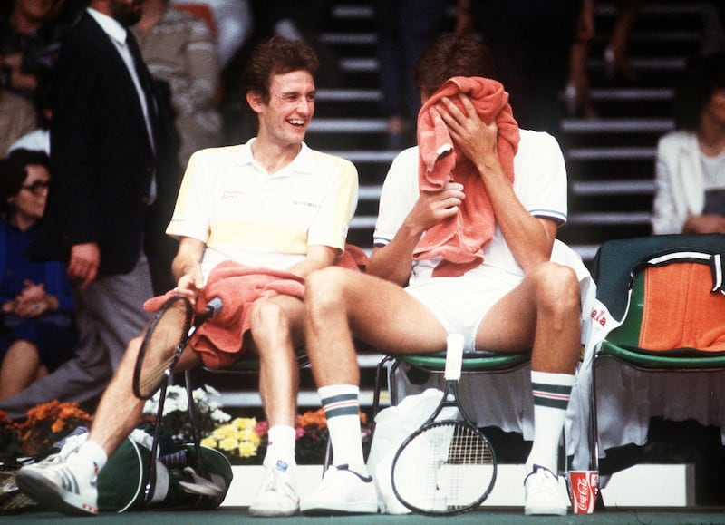 Sean Sorensen and Matt Doyle during their match against John McEnroe and Peter Fleming of the US in 1983. Photograph: Billy Stickland/Inpho