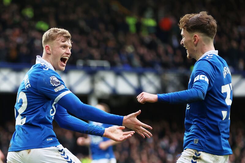 Jarrad Branthwaite of Everton celebrates scoring. Photograph: Clive Brunskill/Getty