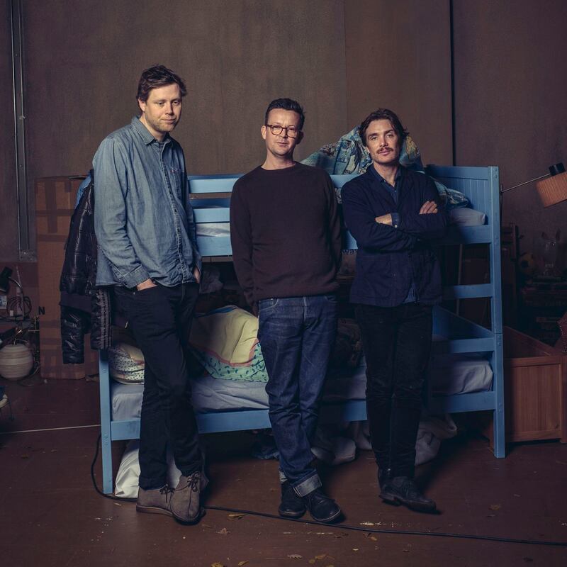 Grief Is the Thing with Feathers: Max Porter (left) and Cillian Murphy with Enda Walsh during rehearsals for the play in 2018. Photograph: Tom Jamieson/New York Times