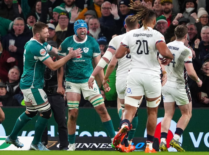 Tadhg Beirne celebrates scoring the third try that gave Ireland the score buffer in the second half. Photograph: PA