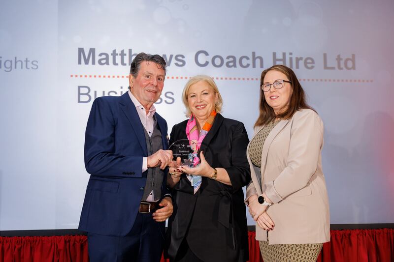 Paddy and Majella Matthews, winners in the Business category of the Leading Light Awards, with Road Safety Authority chairperson Liz O’Donnell. Photograph: Keith Arkins Media