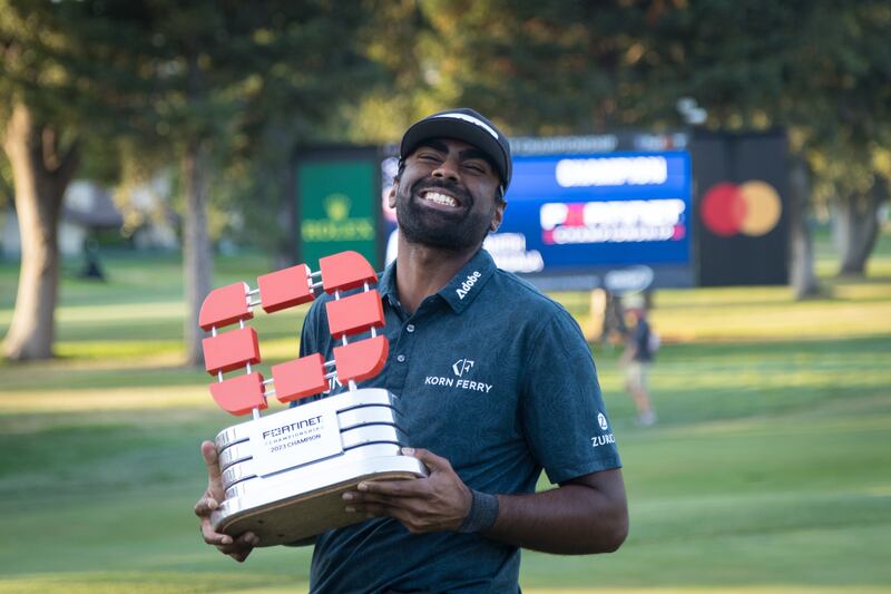 Sahith Theegala lifts the Fortinet Championship trophy at Silverado Resort in Napa, California. Photograph: Al Chang/ISI Photos/Getty Images)