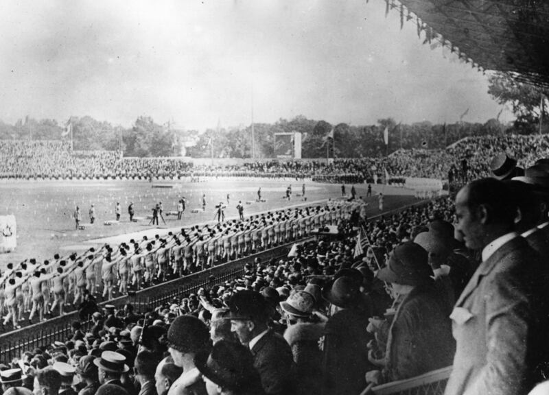 9th July 1924:  An interior view of the opening ceremony at Colombes Stadium during the Paris Olympics. Photograph: Topical Press Agency/Getty Images