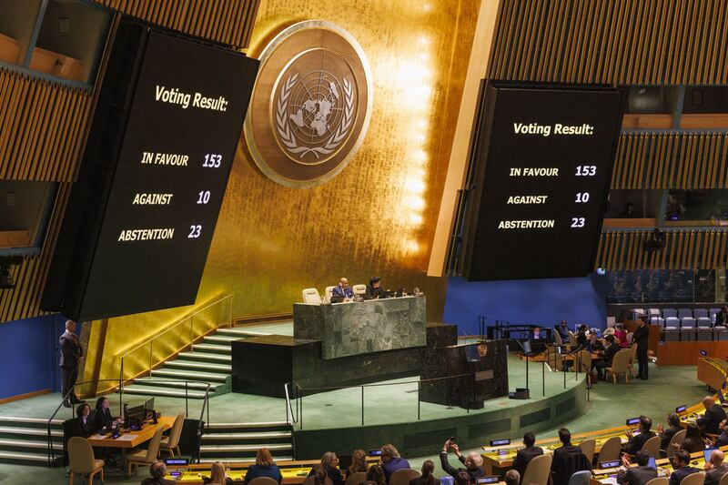 Voting results after the UN General Assembly on Tuesday passed a resolution calling for an immediate ceasefire in Gaza Photograph: EPA-EFE