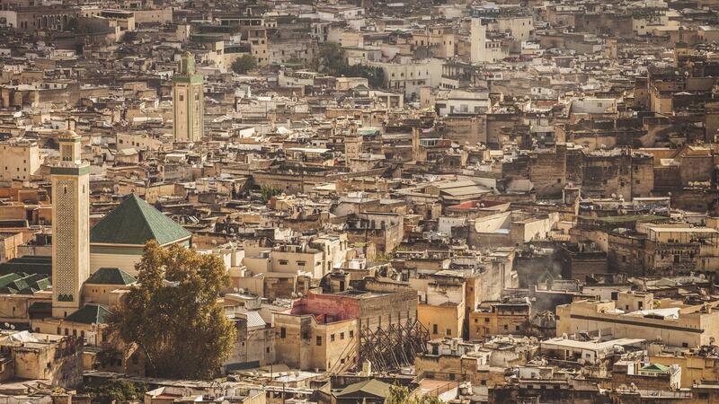 A view over the Fez el Bali medina in Fez, the largest car-free urban area in the world, where some 160,000 people work in 80,000 shops in almost 10,000 alleys