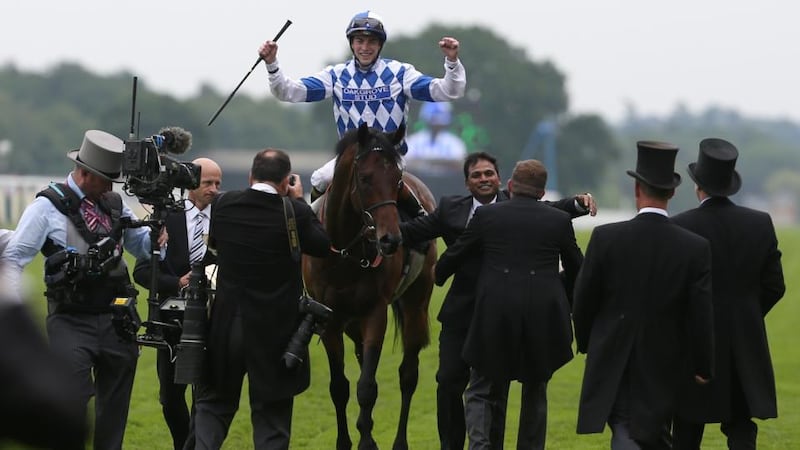 James Doyle celebrates onboard Al Kazeem after winning The Prince Of Wales’s Stakes during day two of the Royal Ascot meeting.   Photograph: John Walton/PA