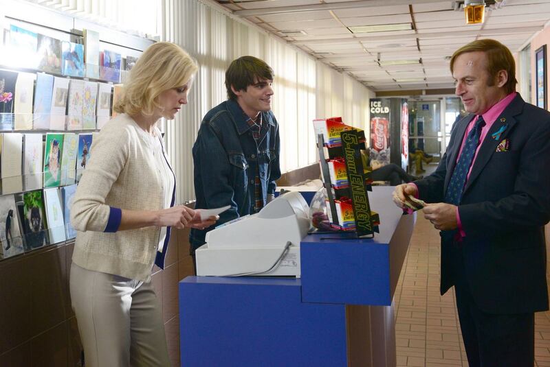 El Camino: Anna Gunn as Skyler White, RJ Mitte as Walter jnr and Bob Odenkirk as Saul Goodman in Breaking Bad. Photograph: Ursula Coyote/AMC/Netflix