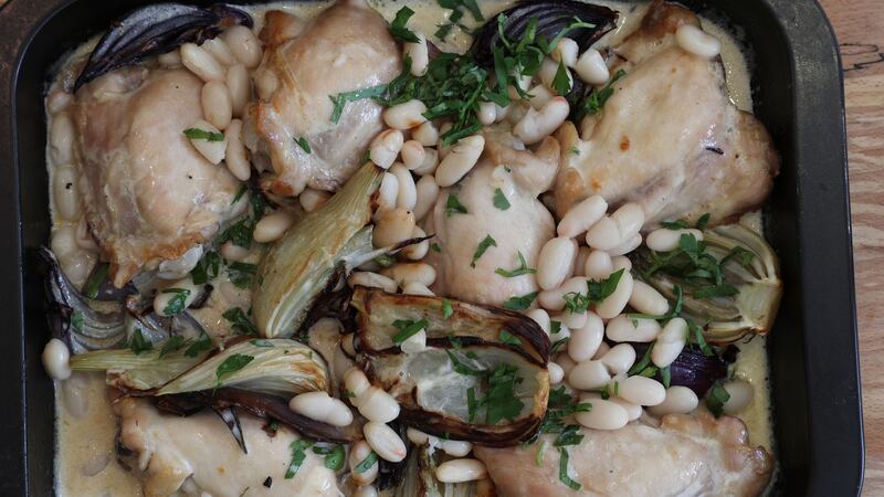 Paul Flynn’s chicken, butter bean and fennel bake. Photograph:  Nick Bradshaw