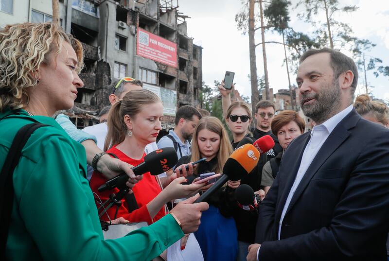 Ilya Ponomarev speaks to the media in the city of Irpin near Kyiv after overseeing the Irpin Declaration, which united the Free Russia Legion, a contingent of president Volodymyr Zelenskiy’s foreign legion, and the National Republican Army, a network of armed anti-Putin partisans inside Russia. Photograph: Sergey Dolzhenko/EPA