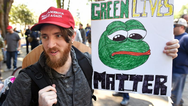 Andrew Knight holds a sign of Pepe the frog, a conservative icon, during a rally in Berkeley, California in April 2017. Photograph: Josh Edelson/AFP via Getty Images