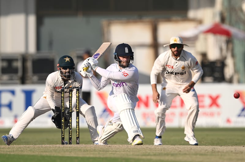 England's Ben Duckett prepares to sweep during day two of the second Test against Pakistan at Multan Cricket Stadium. Photograph: Stu Forster/Getty Images