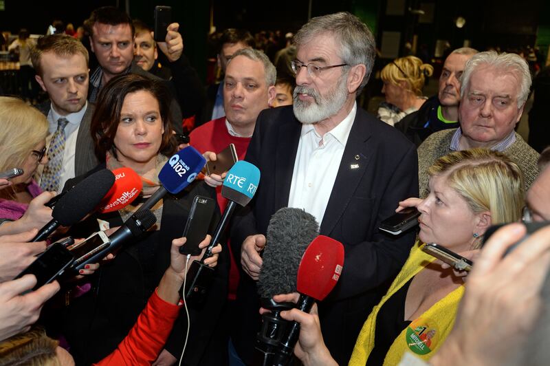 Mary Lou McDonald and Gerry Adams at the RDS count centre in Dublin after the 2016 general election. Photograph: Eric Luke