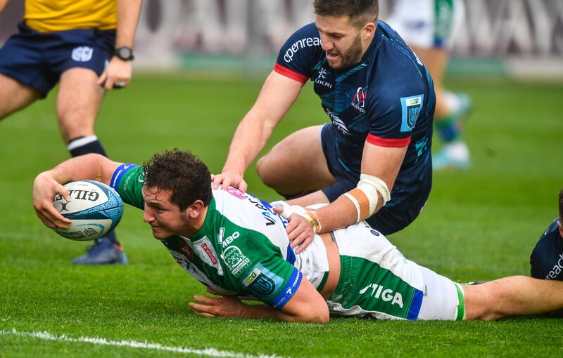 Ulster struggle to stop Benetton’s Michele Lamaro during their 31-29 defeat by the Italian team. Photograph: Luca Sighinolfic/Inpho