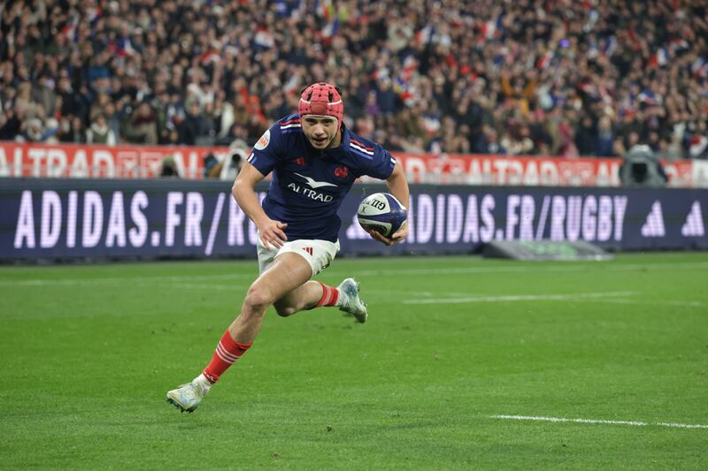 Louis Bielle-Biarrey scores France’s second try. Photograph: Manuel Blondeau/Inpho                                         