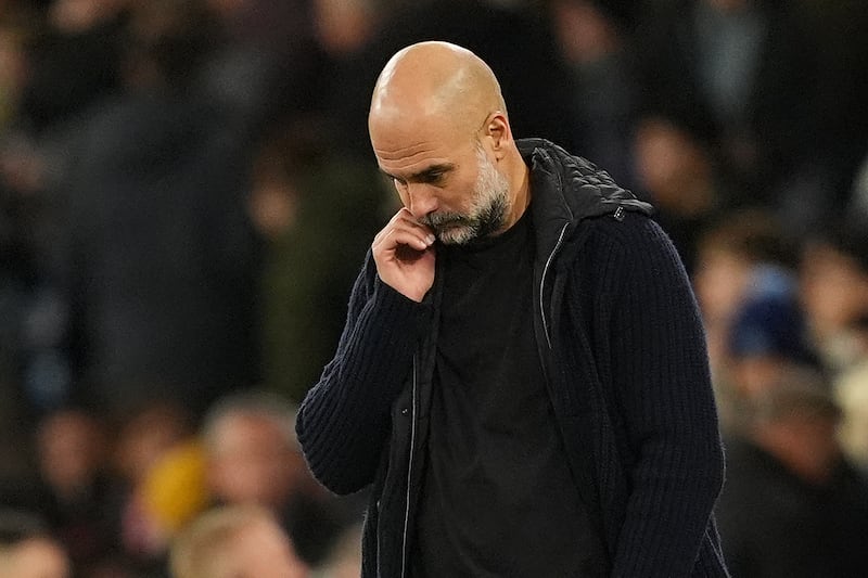 Manchester City manager Pep Guardiola reacts on the touchline during the Premier League match at the Etihad Stadium. Photograph: Martin Rickett/PA Wire