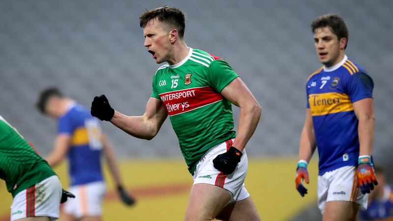 Cillian O’Connor celebrates one of his four goals for Mayo against Tipperary. Photograph: Ryan Byrne/Inpho