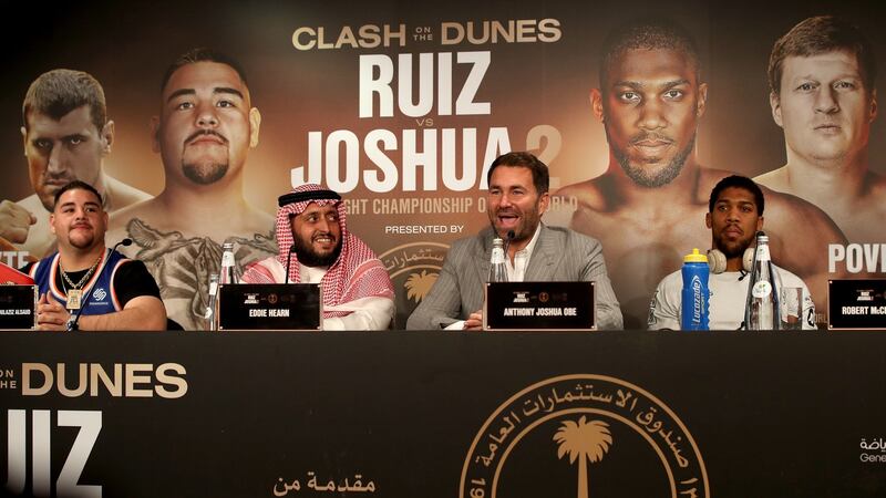 Andy Ruiz Jr, Prince Abdulaziz Al Saud, chairman of the country’s General Sports Authority, Eddie Hearn and Anthony Joshua at a press conference during fight week. Photo: Nick Potts/PA Wire