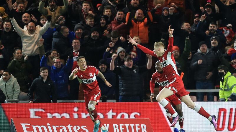 Middlesbrough striker Josh Coburn (right) celebrates with team-mates after scoring a goal during the  FA Cup fifth-round  match against Tottenham Hotspur at the Riverside Stadium. Photograph: Lindsey Parnaby/AFP via Getty Images