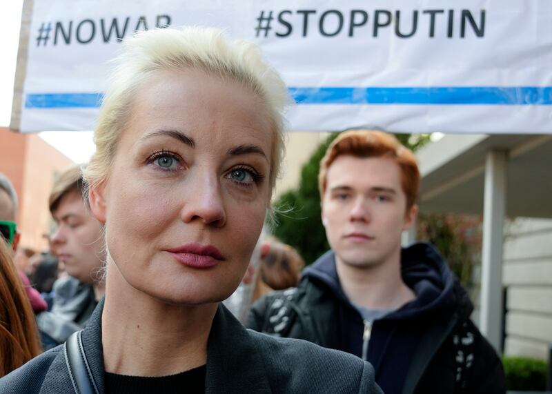 Yulia Navalnaya, the widow of Alexey Navalny, in a queue at a polling station near the Russian embassy in Berlin. Photograph: Ebrahim Noroozi/AP