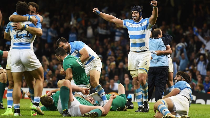 Argentina’s Tomas Lavanini celebrates his side’s win over Ireland in the 2015 World Cup quarter-finals. Photograph: Andrew Cornaga/Inpho