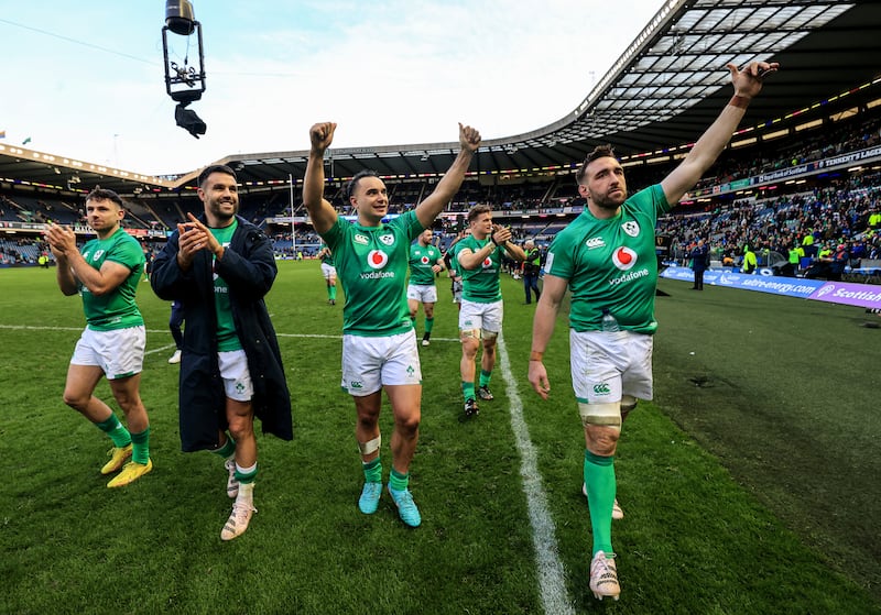 Hugo Keenan, Conor Murray, James Lowe and Jack Conan celebrate victory at Murayfield. Photograph: Dan Sheridan/Inpho