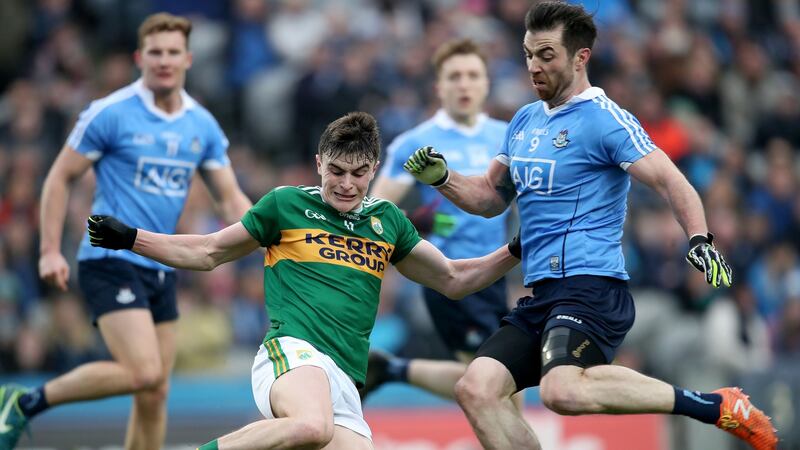 Kerry’s Seán O’Shea in action against Dublin’s Michael Darragh Macauley. Lads like Clifford and O’Shea are going to be expected to carry the load right from the start. Photograph: Bryan Keane/Inpho