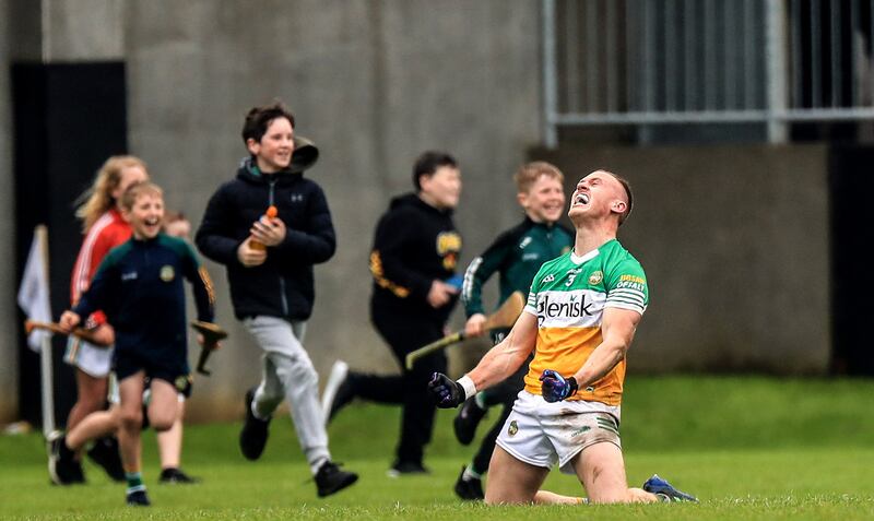 
Offaly captain Declan Hogan celebrates at the final whistle after the victory over Meath at O'Connor Park, Tullamore. Photograph: Evan Treacy/Inpho 
