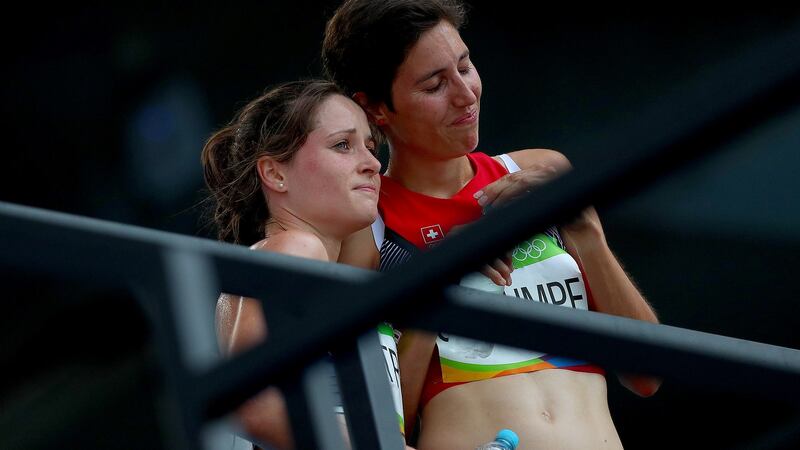 Ireland’s Sara Treacy with Switzerland’s Fabienne Schlumpf after the 3000m steeplechase final at the Rio Olympics in 2016. Photograph: James Crombie/Inpho