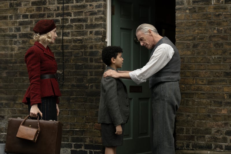 Saoirse Ronan, Elliott Heffernan and Paul Weller in Blitz. Photograph: Parisa Taghizadeh/Apple TV



