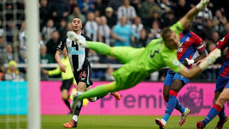 Newcastle United’s Miguel Almiron scores during the Premier League game against Crystal Palace at St James’ Park. Photograph: Owen Humphreys/PA Wire