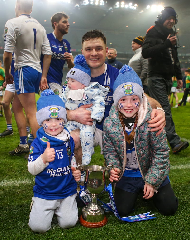 Thomastown’s Jonjo Farrell celebrates with his family after the club won the All-Ireland intermediate club final against Castlelyons at Croke Park back in January. Photograph: Ken Sutton/Inpho