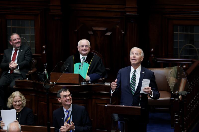 US president Joe Biden addressing the Dáil. Photograph: Maxwells