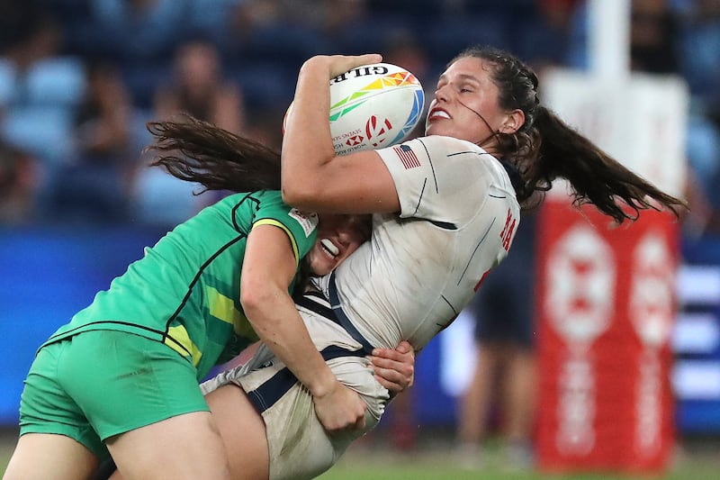 Ireland's Lucy Mulhall tackles USA's Ilona Maher during the World Rugby Women's Sevens series match between in Sydney on January 29th, 2023.  Photograph: Jeremy NG/AFP via Getty Images