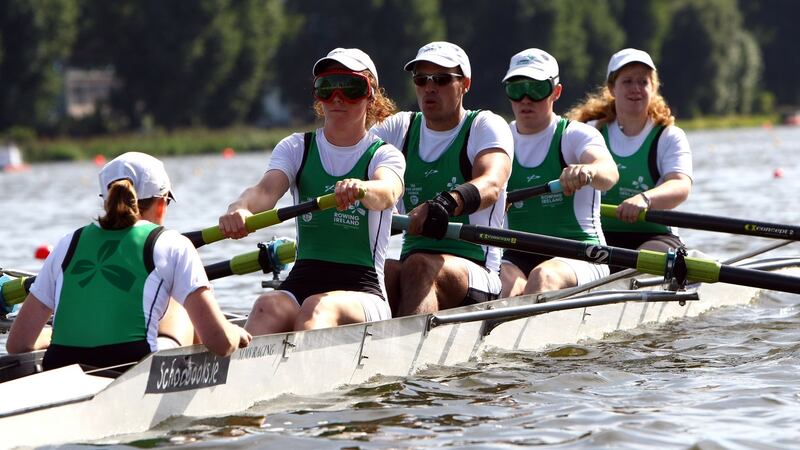 Shane Ryan (second right) rowing for Ireland during the 2009 World Rowing Championships in Poland. Photograph: John Gichigi/Getty