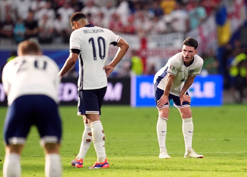 Declan Rice after the 1-1 draw with Denmark earlier in the tournament. Photograph: Martin Rickett/PA 

