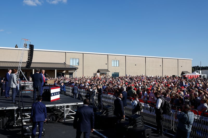 Donald Trump greets supporters in an overflow area as he leaves Christ Chapel in Zebulon on Wednesday. Photograph: Anna Moneymaker/Getty Images