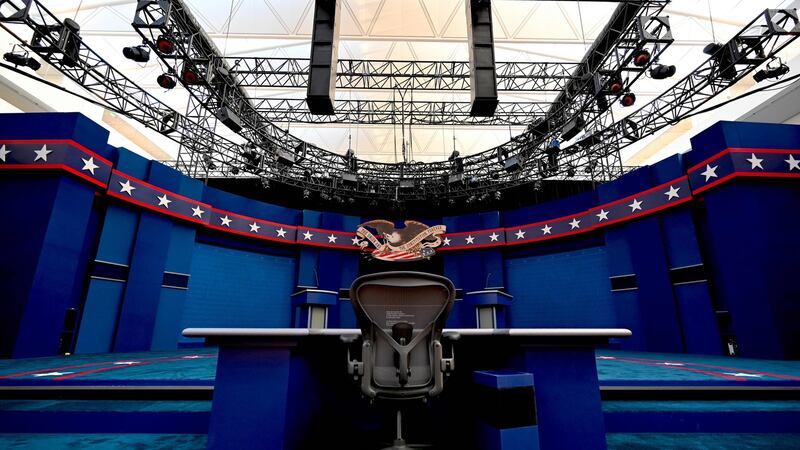 The moderator’s seat during preparations at site of the first US presidential debate in Cleveland, Ohio. Photograph: Eric Baradat/AFP via Getty Images