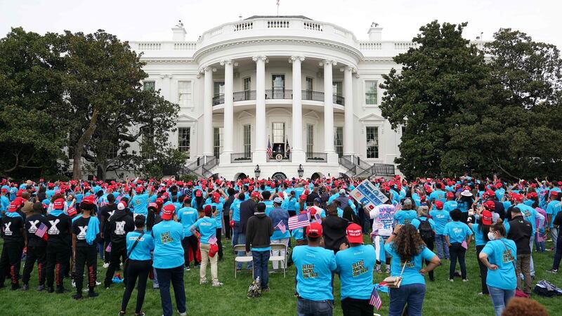 US president Donald Trump speaks about law and order to supporters from the South Portico of the White House. Photograph:  Mandel Ngan/AFP via Getty