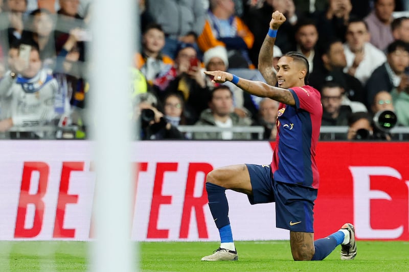 Barcelona's Raphinha celebrates scoring his side's fourth goal against Real Madrid. Photograph: Oscar del Pozo/AFP via Getty Images)