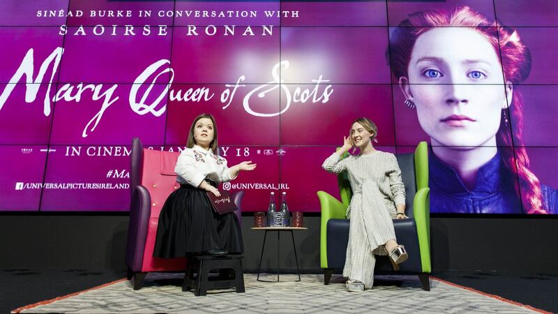 Sinead Burke speaks to Saoirse Ronan at the event in Dublin on Friday. Photograph: Andres Poveda