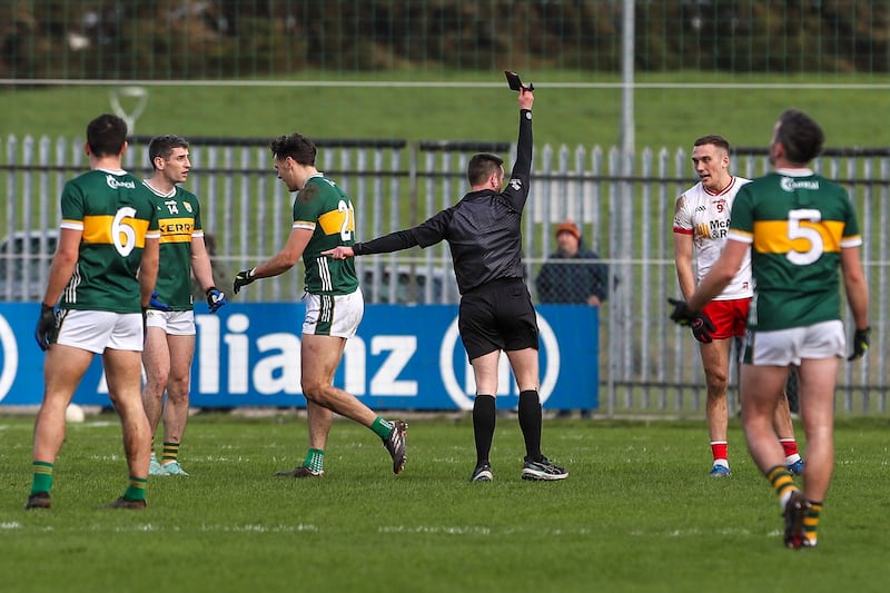 Kerry’s David Clifford is black carded by match referee Paddy Neilan. Paul Earley agrees with the complaints of some managers on two issues, red-card and black-card punishments and the number of replacements that teams should be allowed to make. Photograph: Lorcan Doherty/Inpho