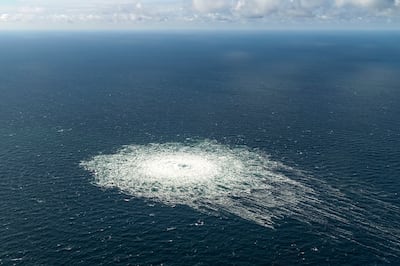 Gas bubbles reach the surface of the Baltic Sea after the Nord Stream 2 pipeline was allegedly sabotaged. Photograph: Armed Forces of Denmark